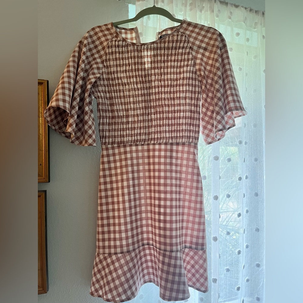 Fashion Union Tan Checkered Mini Dress